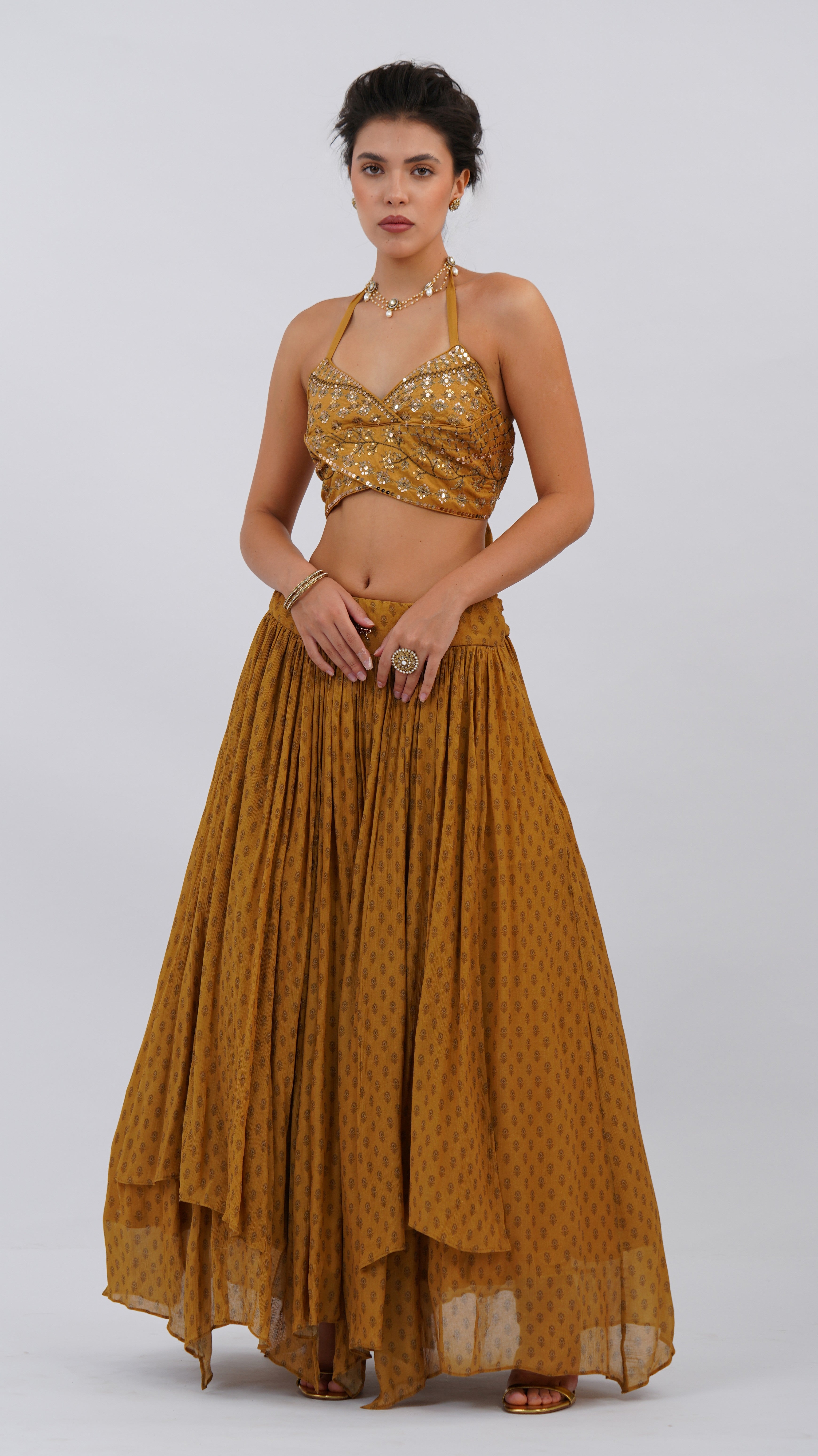 Ochre Floret – Double Overlap Bodice Lehenga