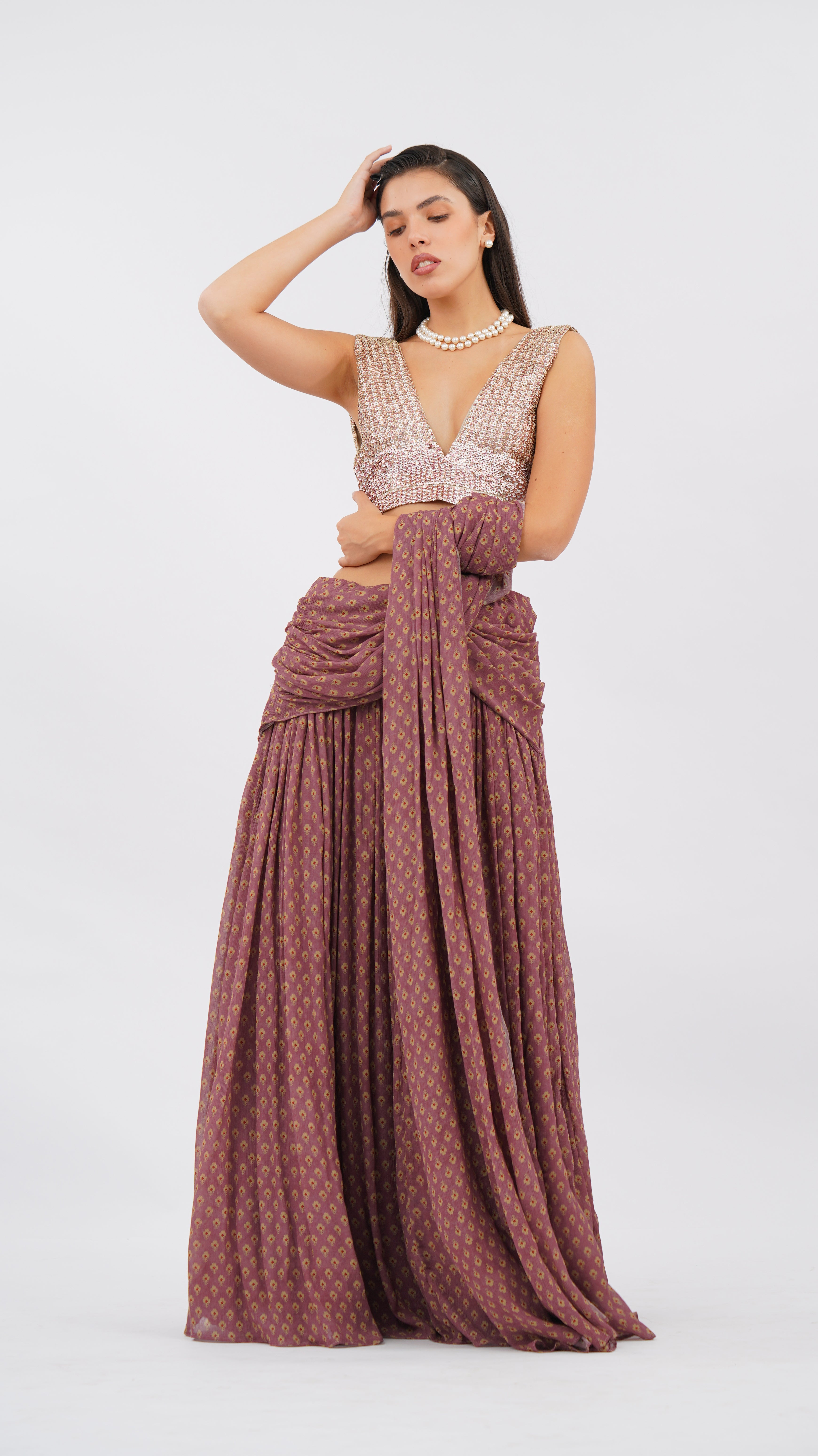 Pre Pleated Petal Dust Saree With Bodice & Two Pockets