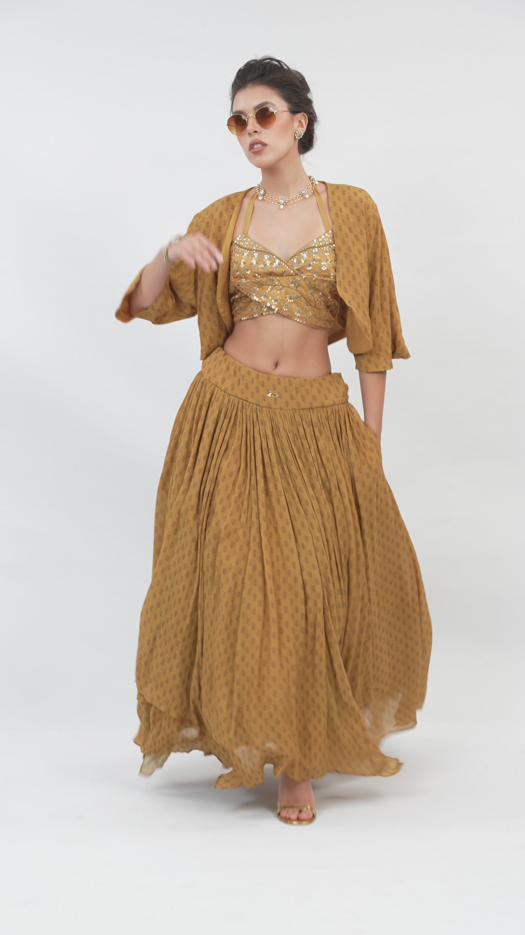 Ochre Floret – Double Overlap Bodice Lehenga